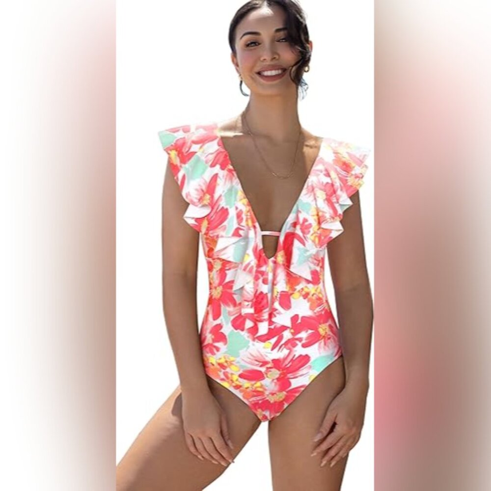 SPORLIKE Women's One Piece Floral Swimsuit V-Neck Ruffle Size XL NWT